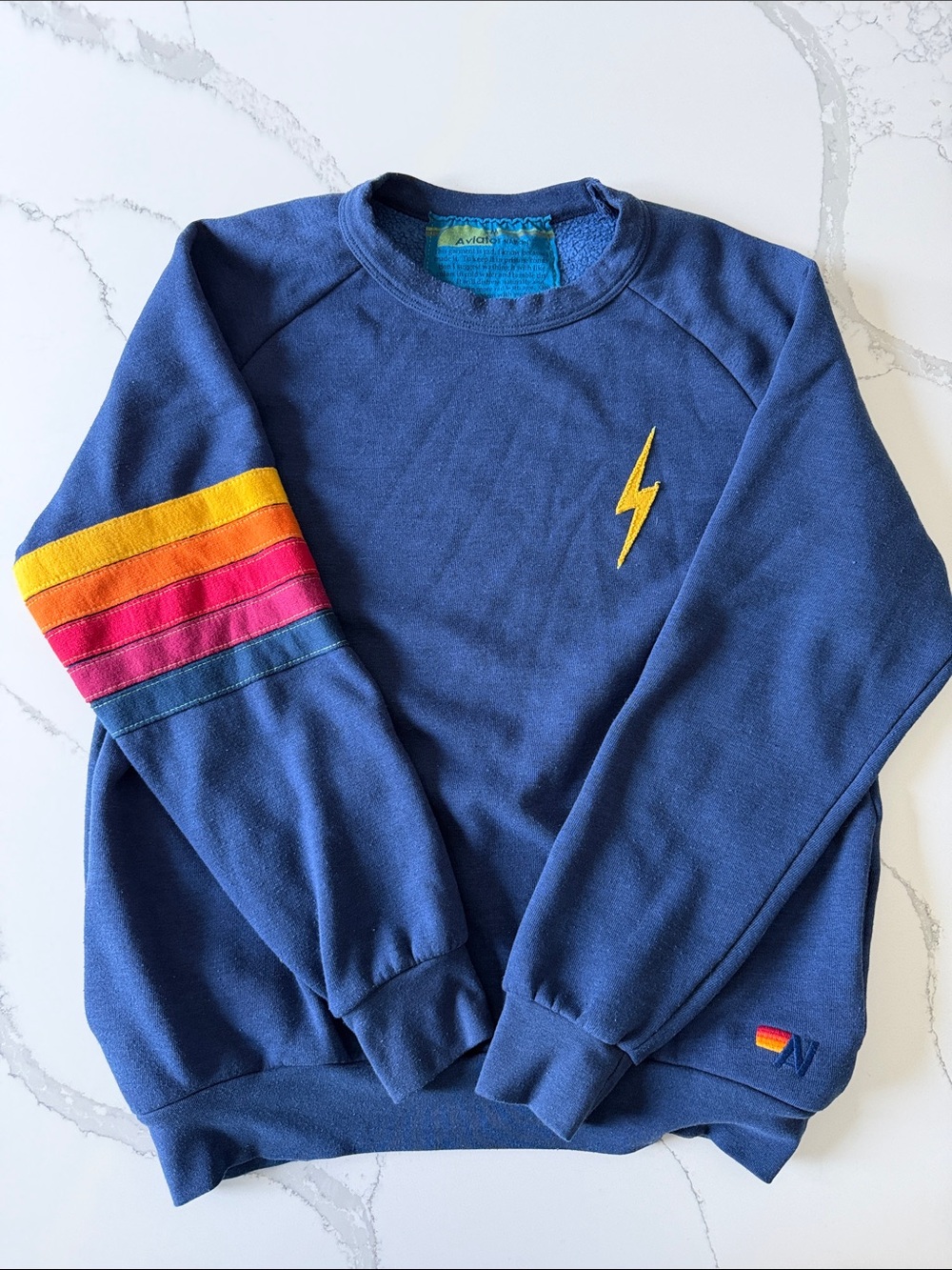 Aviator Nation Navy Crewneck with Yellow Lightning and Multicolor Stripes Men M